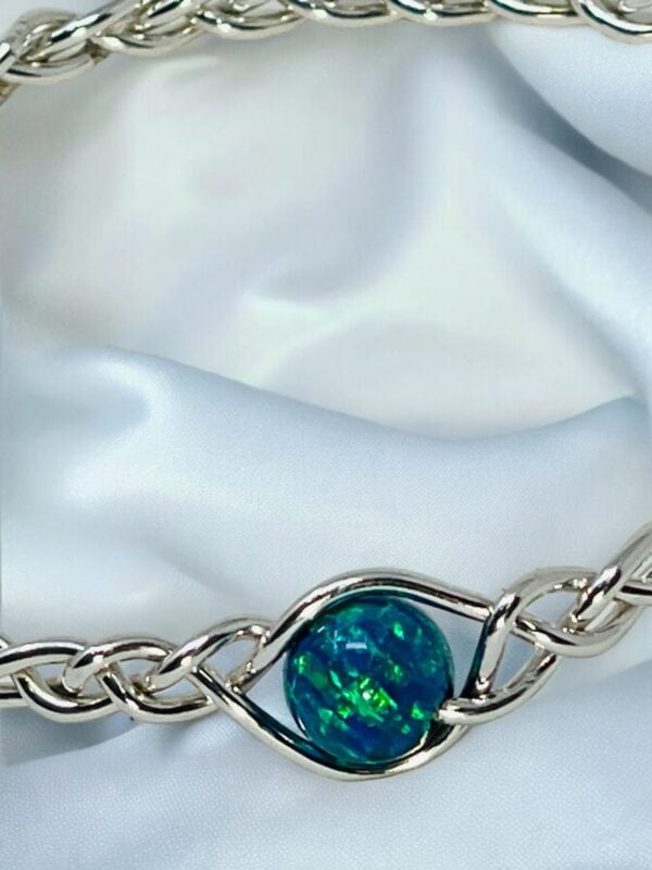 Handmade Braided Bangle Bracelet in 940 Argentium sterling silver and opal - Image 4